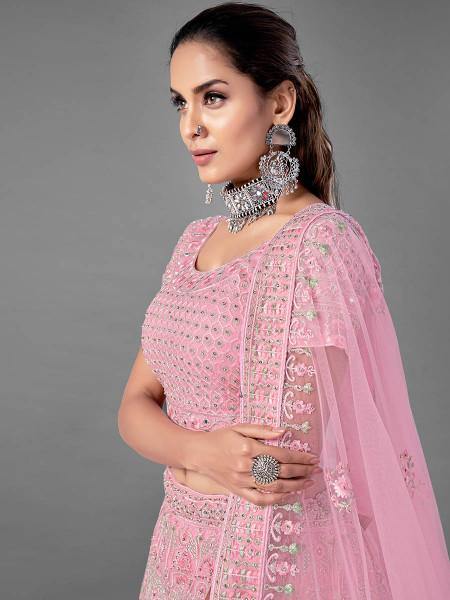 Myra Fashion Pink Heavy Embroidered Soft Net Bridal Lehenga