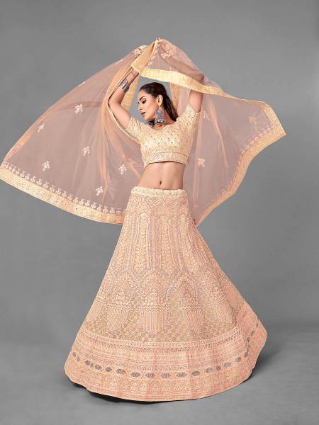 Myra Fashion Peach Heavy Embroidered Soft Net Bridal Lehenga