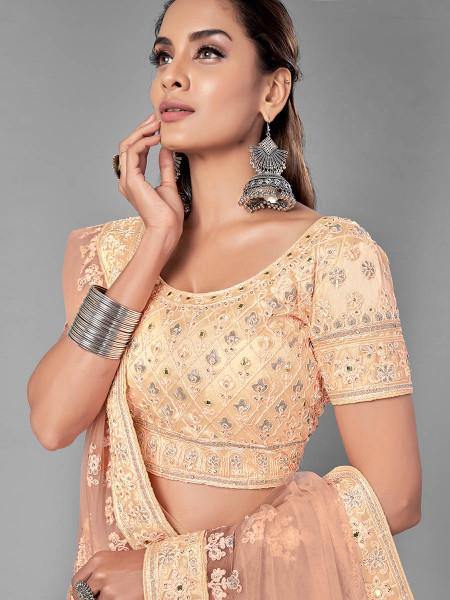 Myra Fashion Peach Heavy Embroidered Soft Net Bridal Lehenga