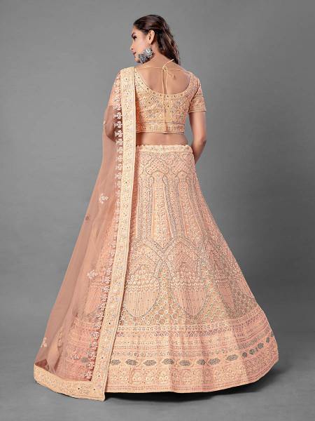 Myra Fashion Peach Heavy Embroidered Soft Net Bridal Lehenga