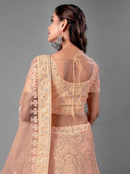 Myra Fashion Peach Heavy Embroidered Soft Net Bridal Lehenga