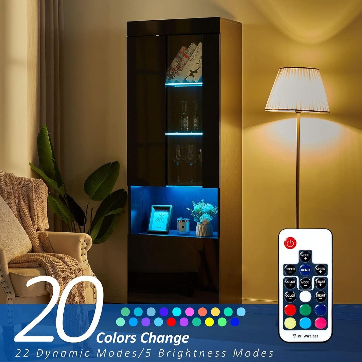 Two Piece 71 Inch Tall Bookcase Storage Cabinet With Glass Doors Set Of Two For Living Room And Office