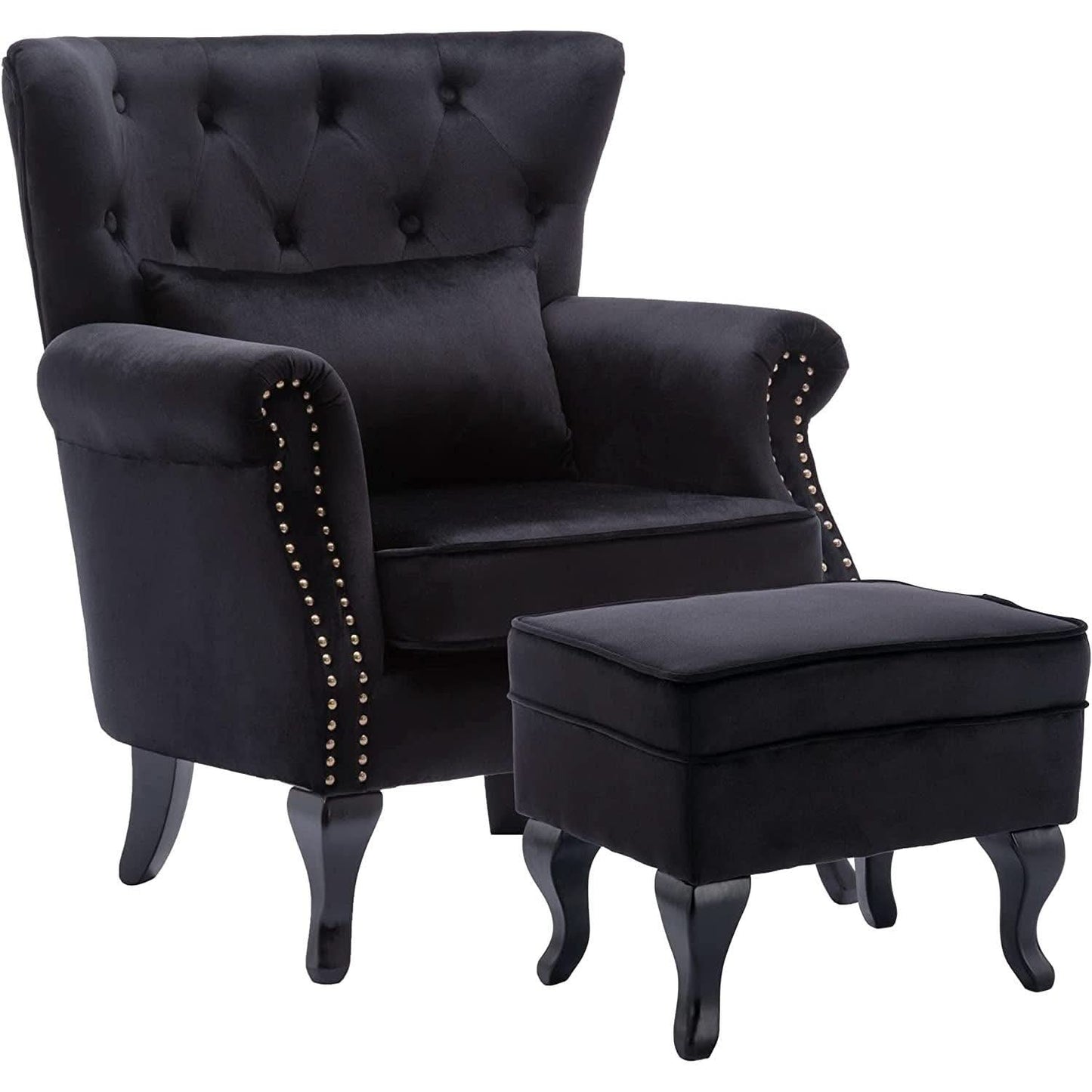 Elegant Black Velvet Wingback Chair With Ottoman Set