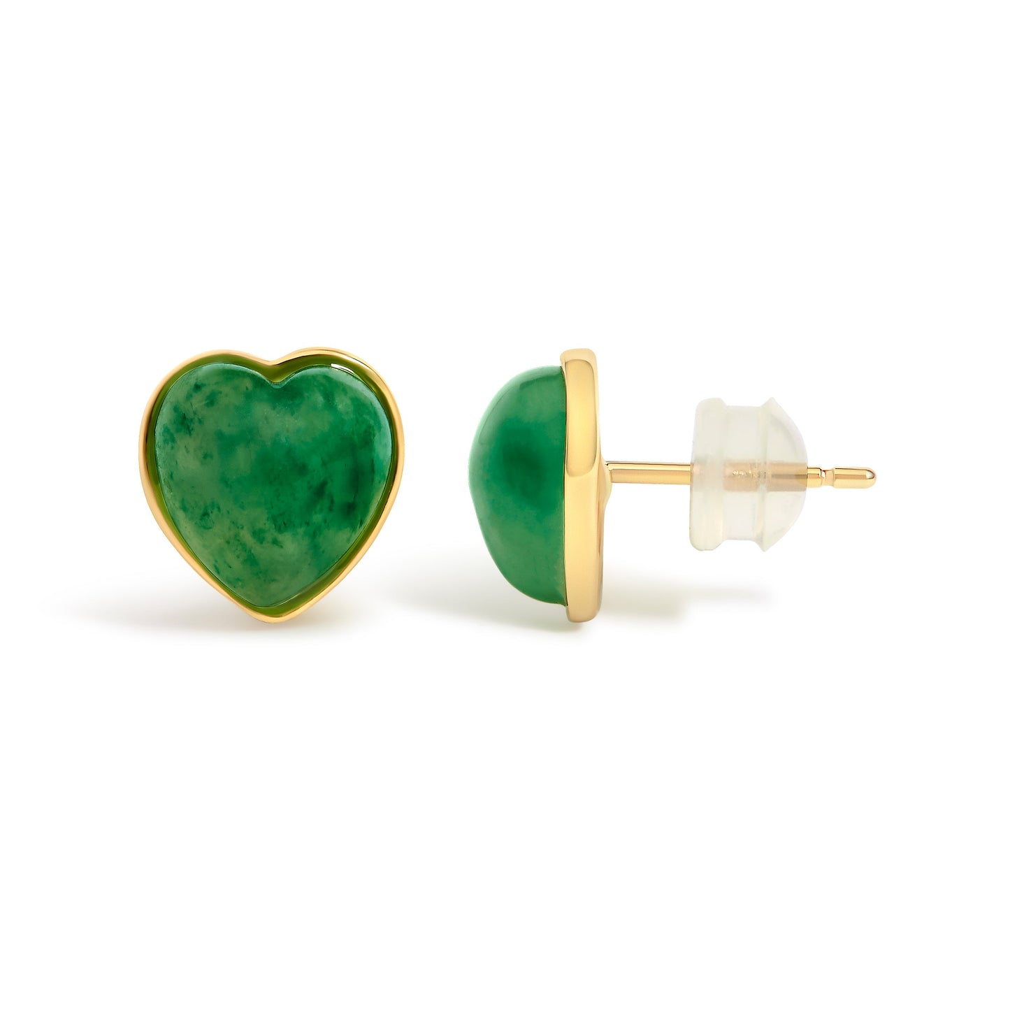 18K Yellow Gold 9x8 MM Bezel Set Green Jade Heart Stud Earrings