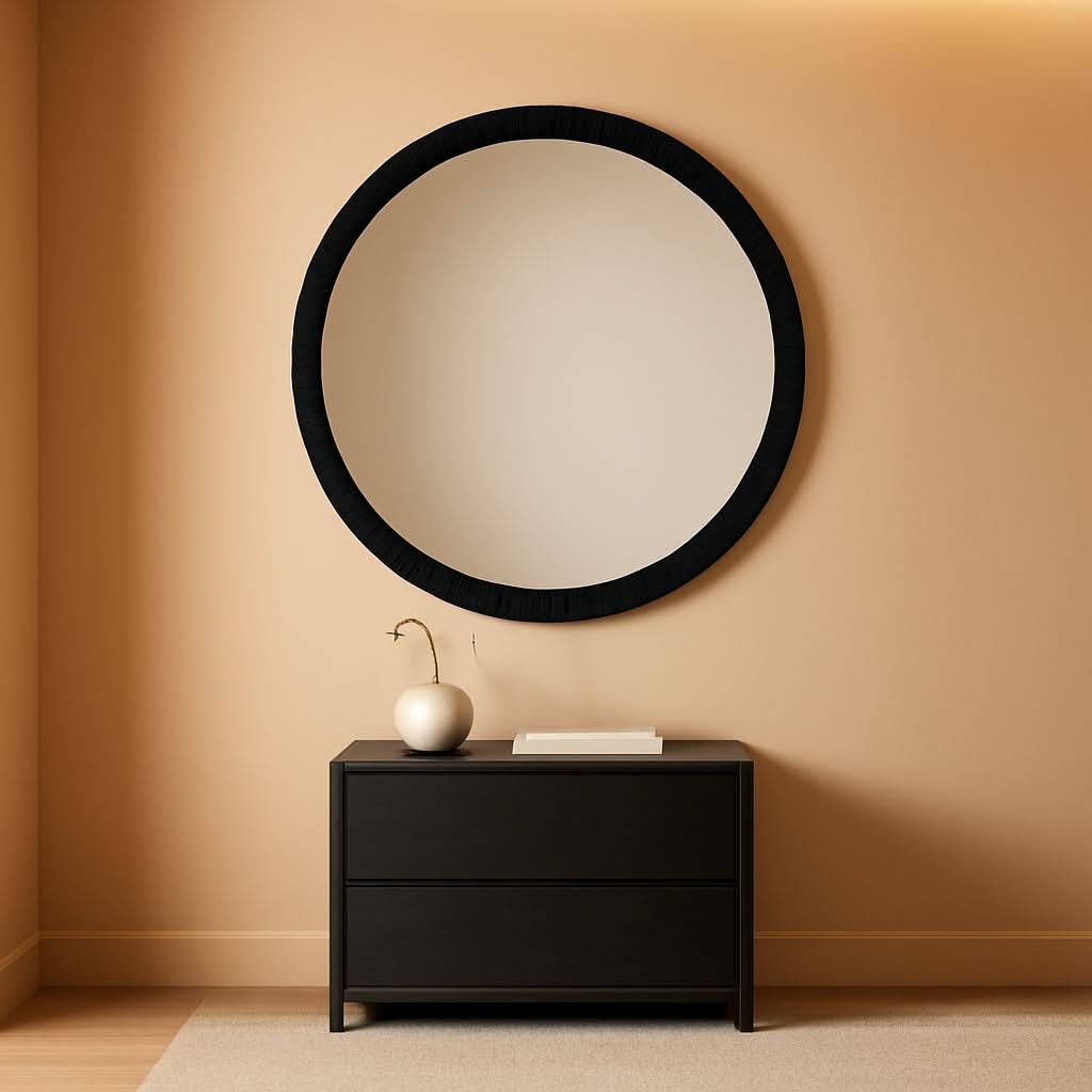 34 Inch Round Industrial Mirror Wall Mounted Matte Black Silver Finish