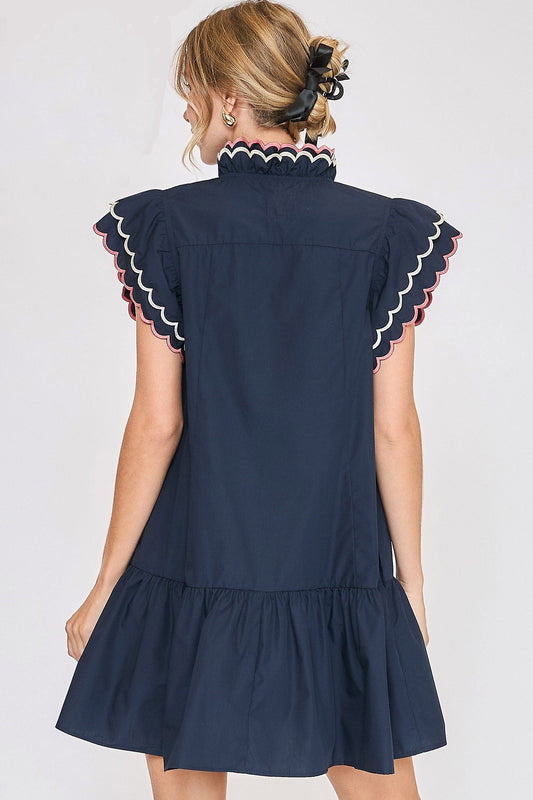 Classic Full Size Ruffled Sleeve Plus Size Dress Elegant & Feminine Chic Dress Dark Navy Women Dress
