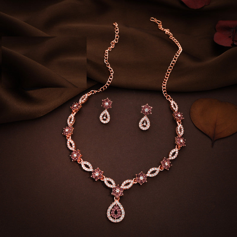 Tehzeeb Creations Elegant Rose Gold Polished American Diamond (Ad) Studded Necklace And Earring Set For Women