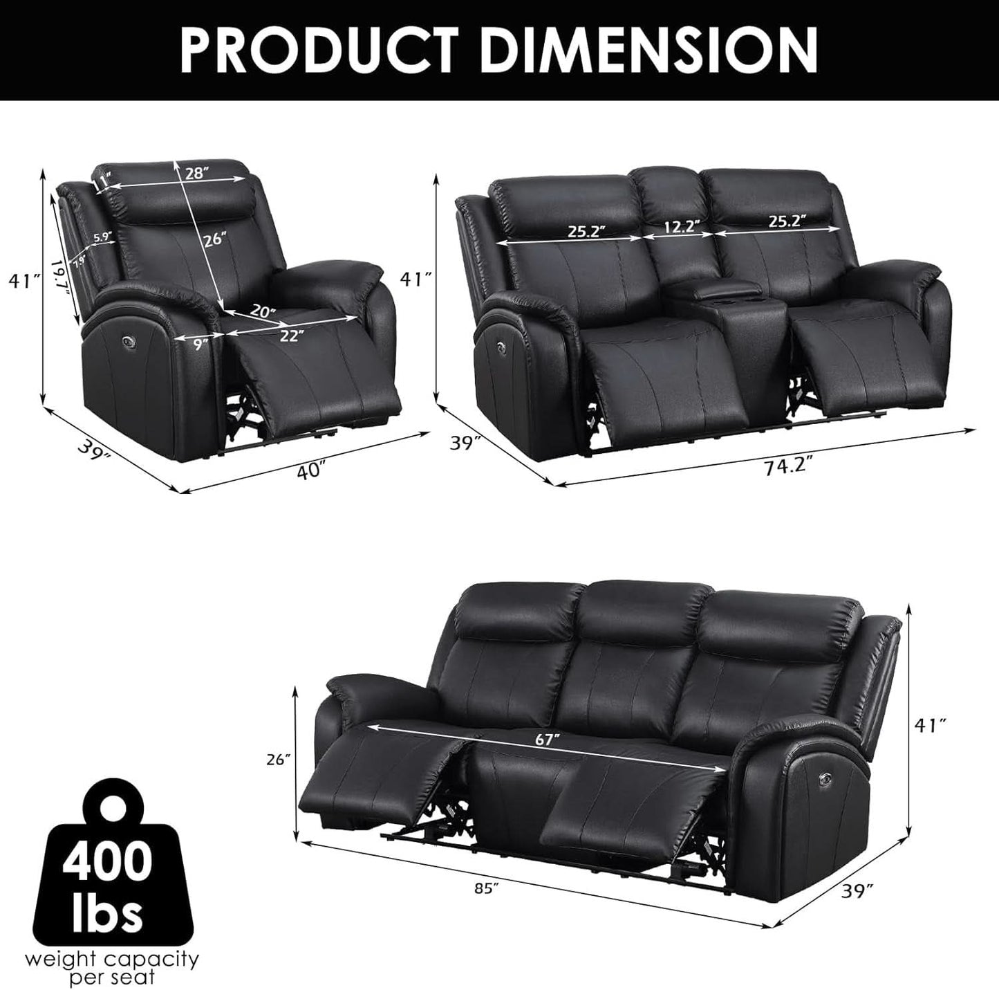 Power Recliner Sofa Set 3 Piece With Storage Black