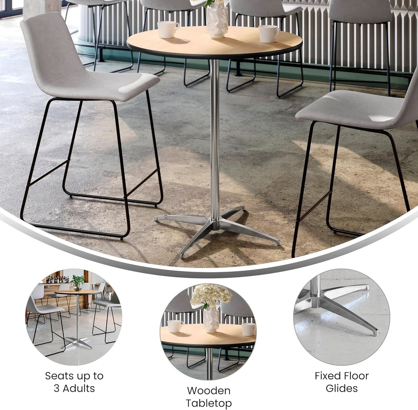 Natural Birch Wood Round Cocktail Table Adjustable