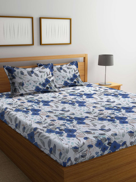 BOMBAY DYEING Blue & White Floral Cotton 144 TC King Bedsheet With 2 Pillow Covers