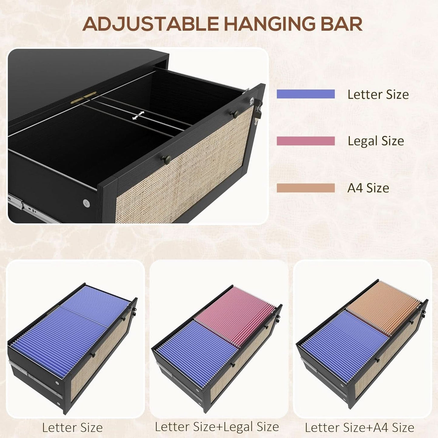 Rattan Drawer File Cabinet With Lock For Letter A4 Legal Files Printer Stand Black