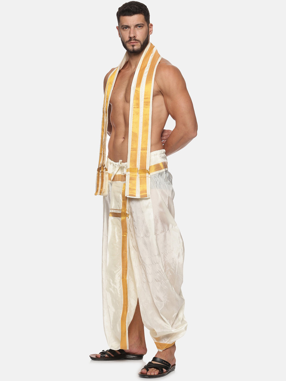 Sethukrishna Men Cream and Gold-Toned Solid Dhoti With Angavastram