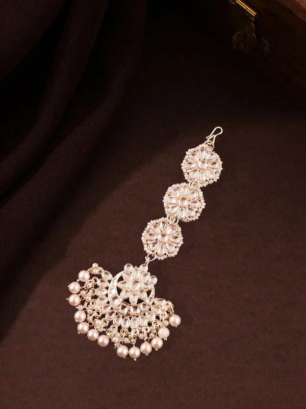 Tehzeeb Creations White Gold Trending Style Drop & Danglers Earring With Tikka For Girls & Women Diamond, Pearl Brass Drops