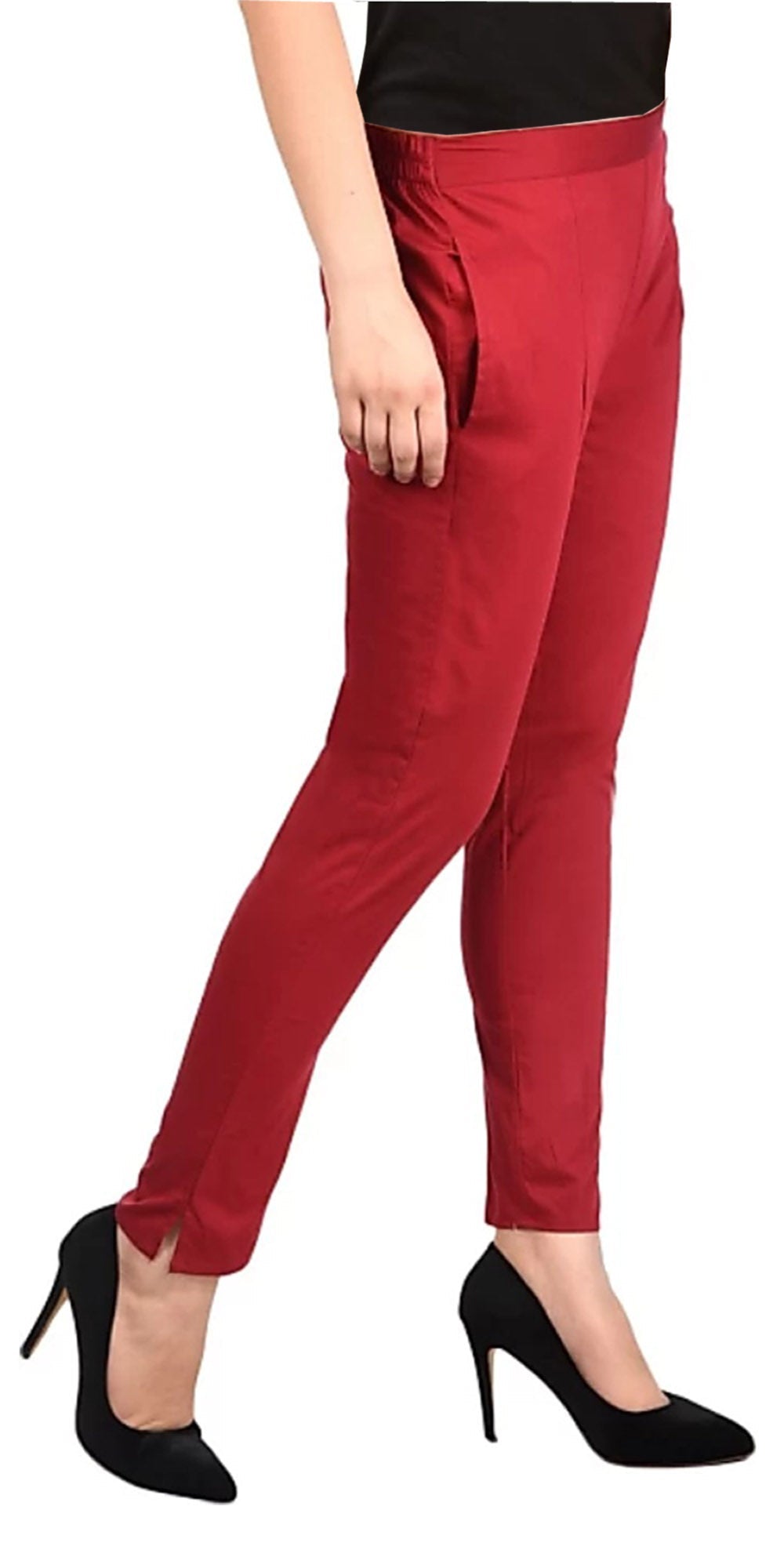 PAVONINE Maroon Color Stretchable Cotton Lycra Fabric Pencil Pant For Women