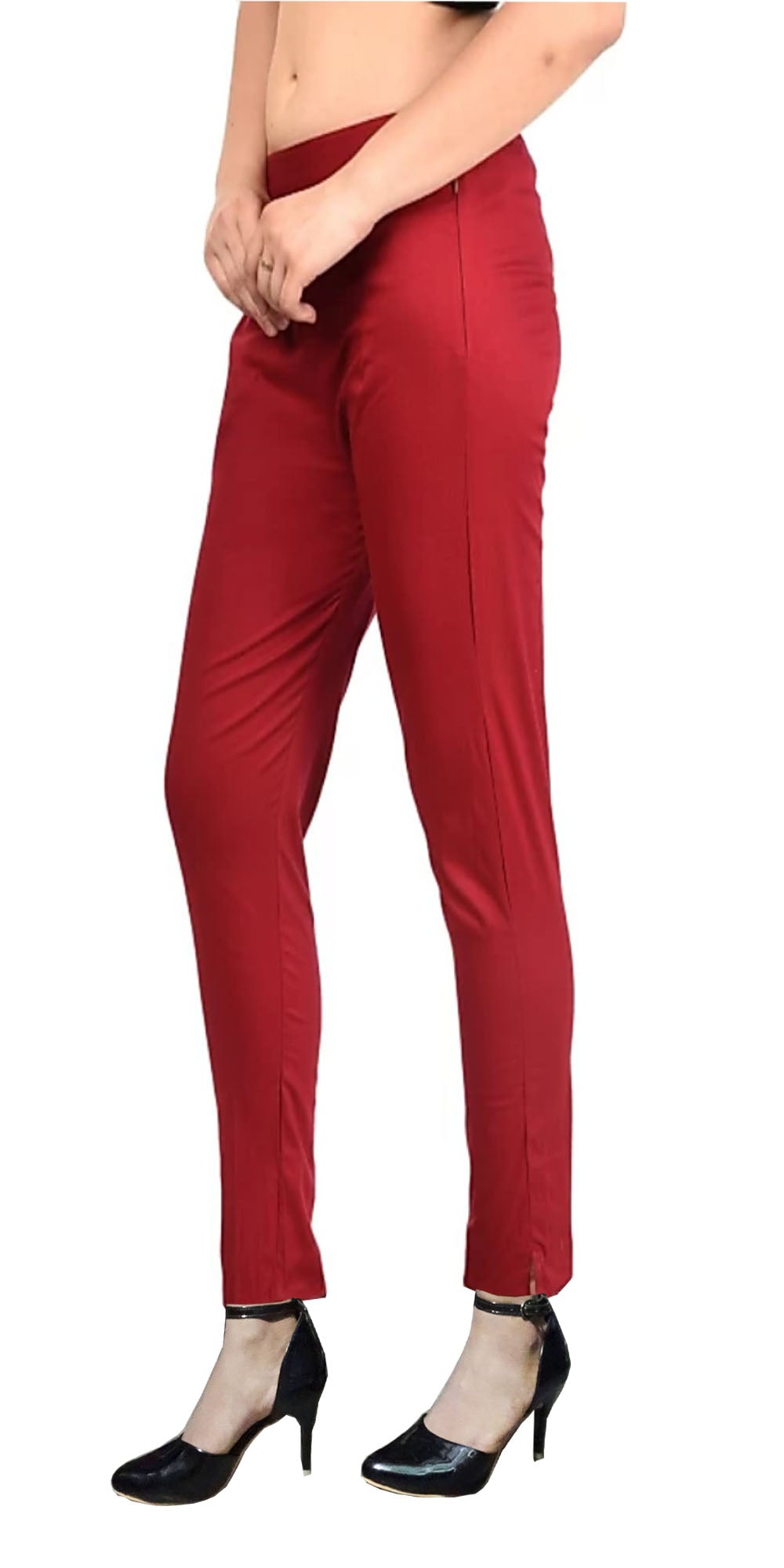 PAVONINE Maroon Color Stretchable Cotton Lycra Fabric Pencil Pant For Women