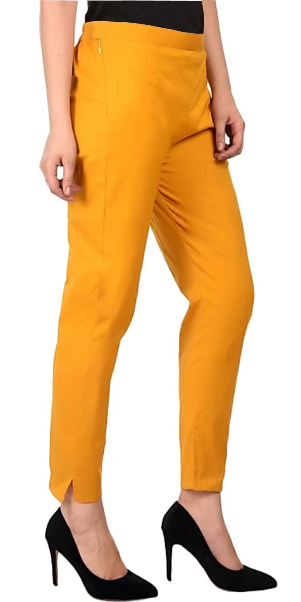 PAVONINE Mustard Color Stretchable Cotton Lycra Fabric Pencil Pant For Women
