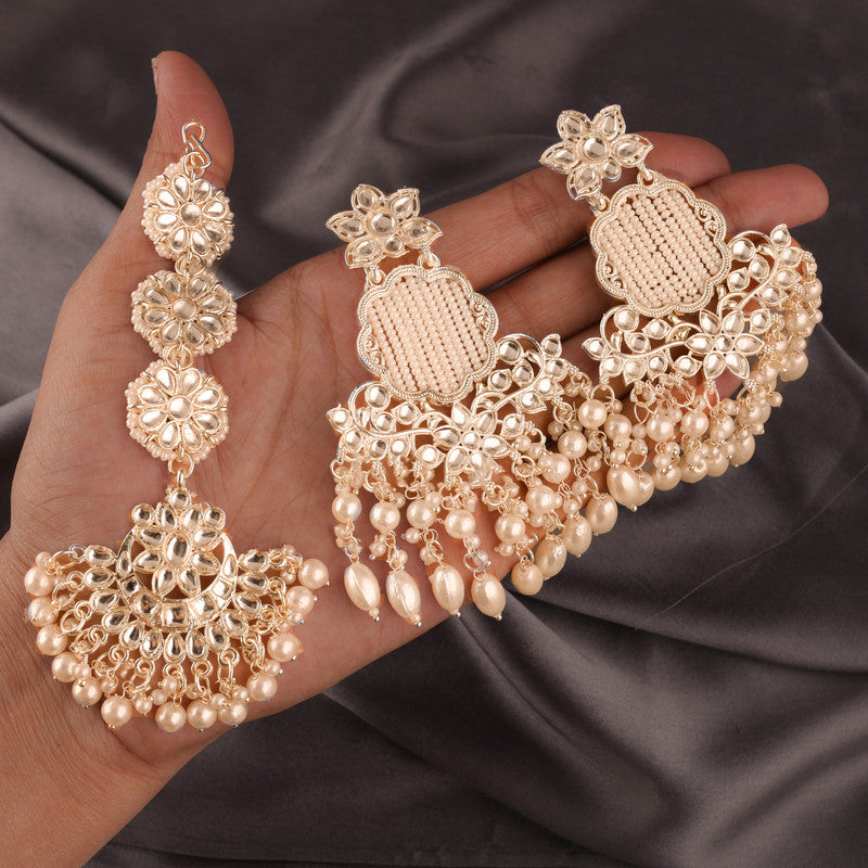 Tehzeeb Creations White Gold Trending Style Drop & Danglers Earring With Tikka For Girls & Women Diamond, Pearl Brass Drops