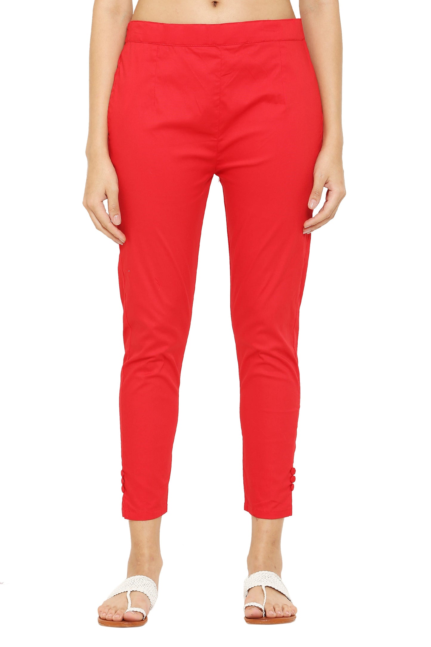 PAVONINE Red Color Stretchable Cotton Lycra Fabric Pencil Pant For Women