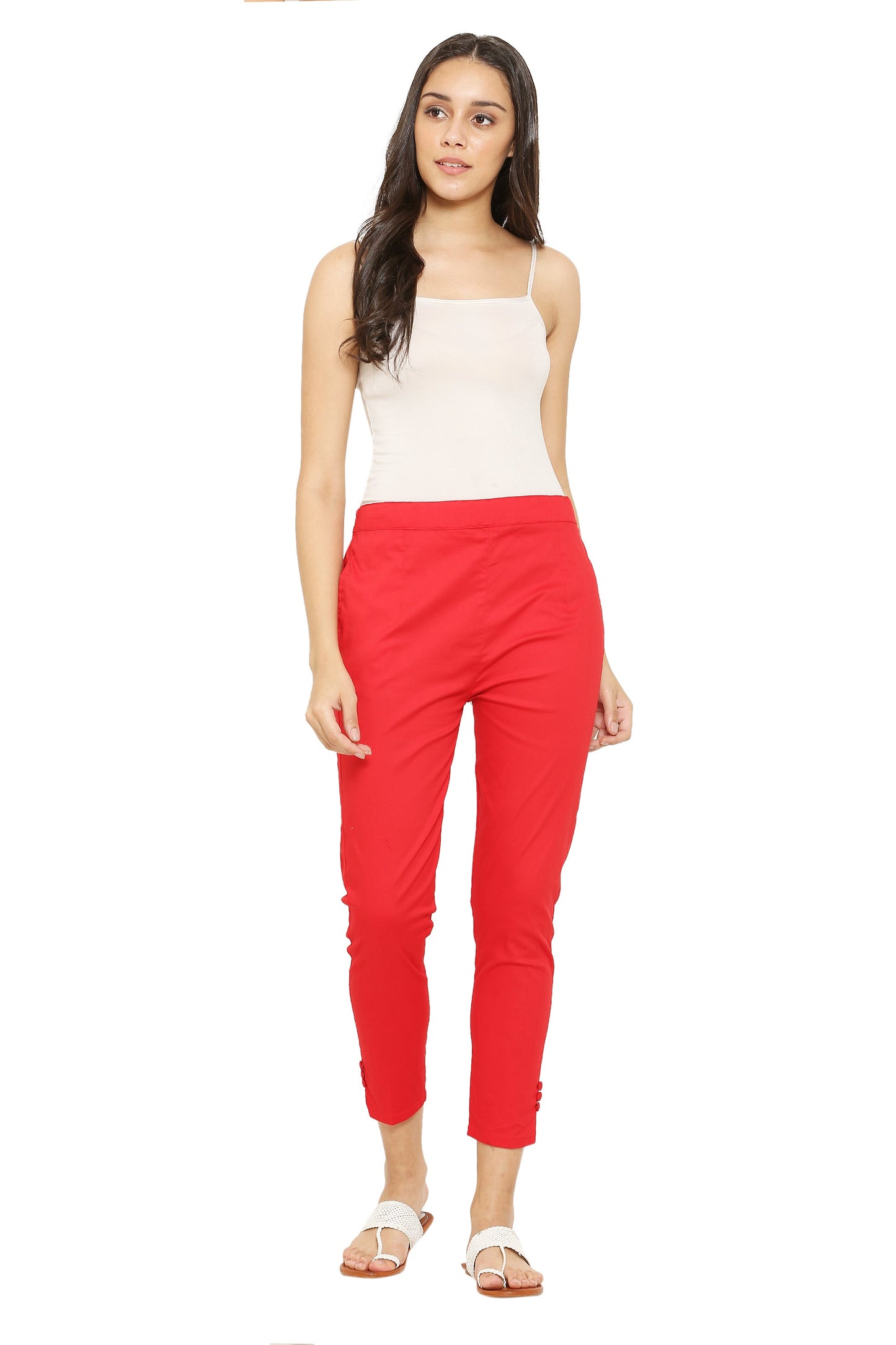 PAVONINE Red Color Stretchable Cotton Lycra Fabric Pencil Pant For Women