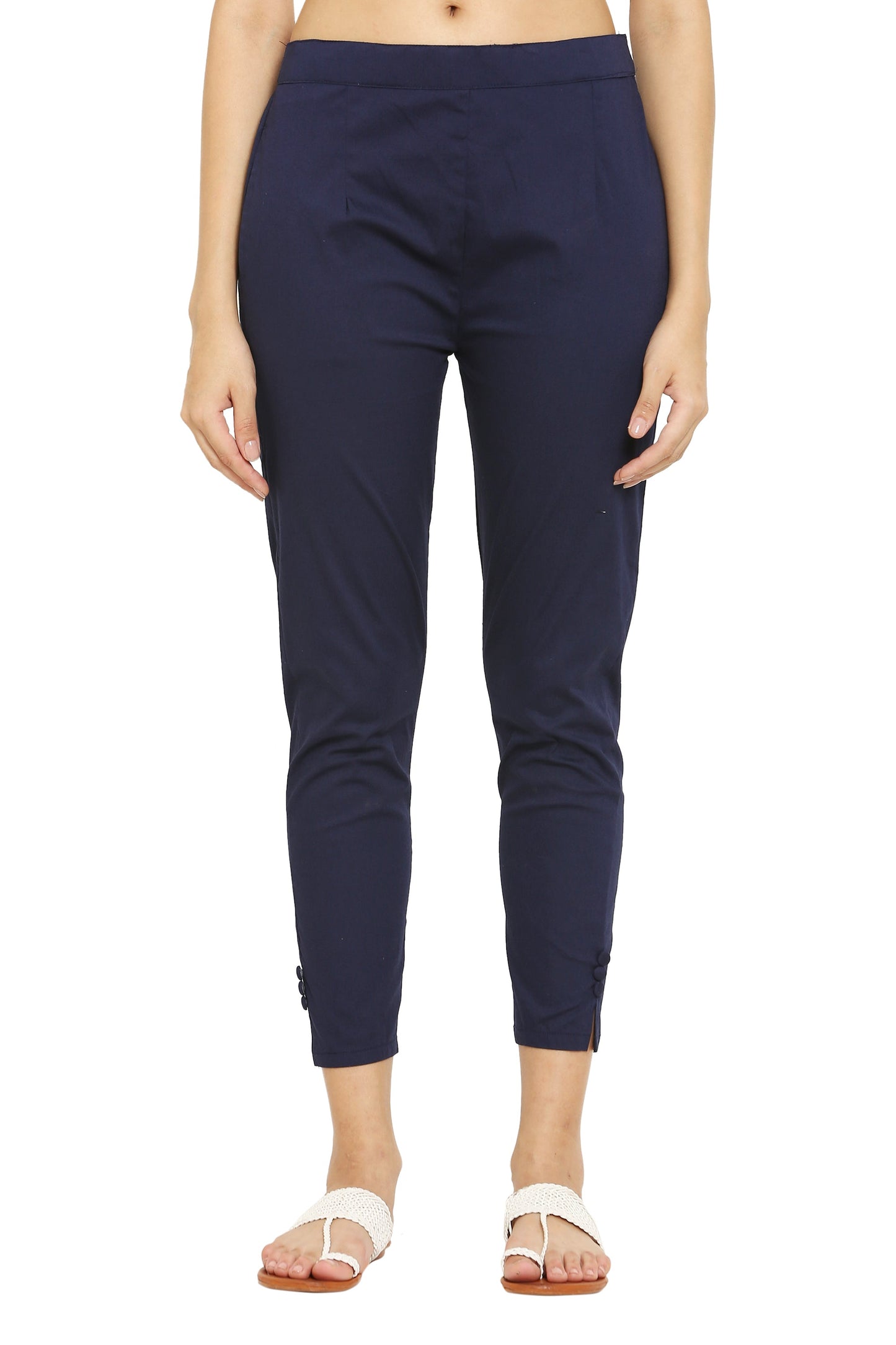 PAVONINE Navy Blue Color Stretchable Cotton Lycra Fabric Pencil Pant For Women