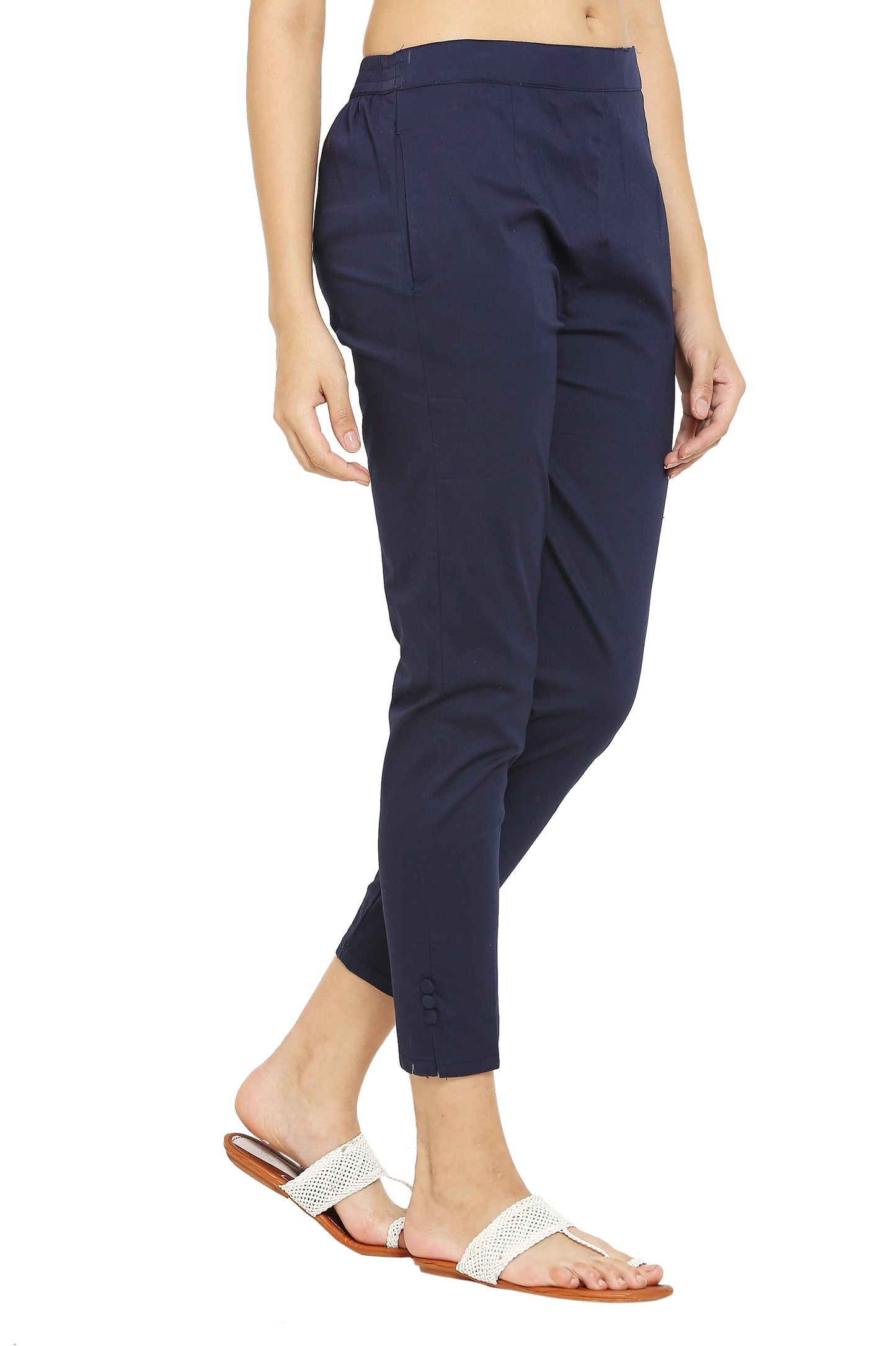 PAVONINE Navy Blue Color Stretchable Cotton Lycra Fabric Pencil Pant For Women