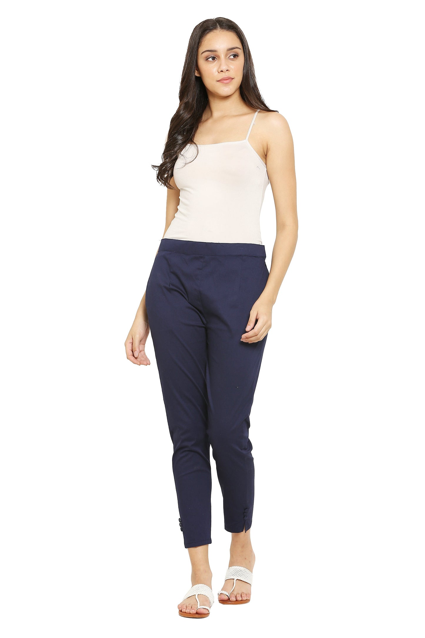 PAVONINE Navy Blue Color Stretchable Cotton Lycra Fabric Pencil Pant For Women