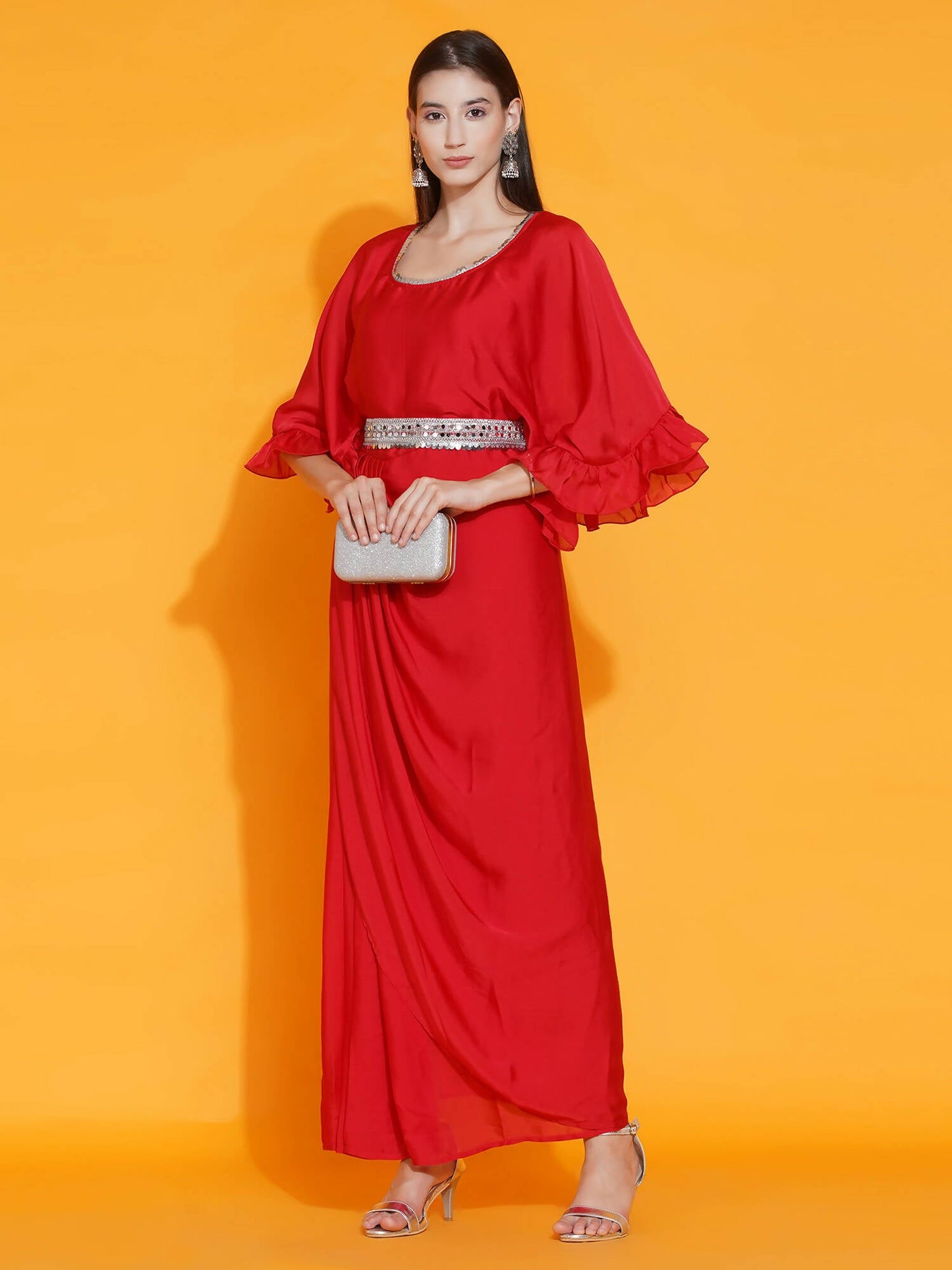 Women Republic Red Georgette Gown With Embellished Belt