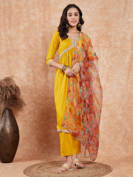 InWeave Women's Mustard Alia Neck Style Gota Set W Organza Dupatta