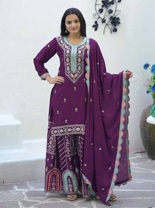 Yash Enterprise Embroidered Chinon With Sequin Maroon Readymade Salwar Suit