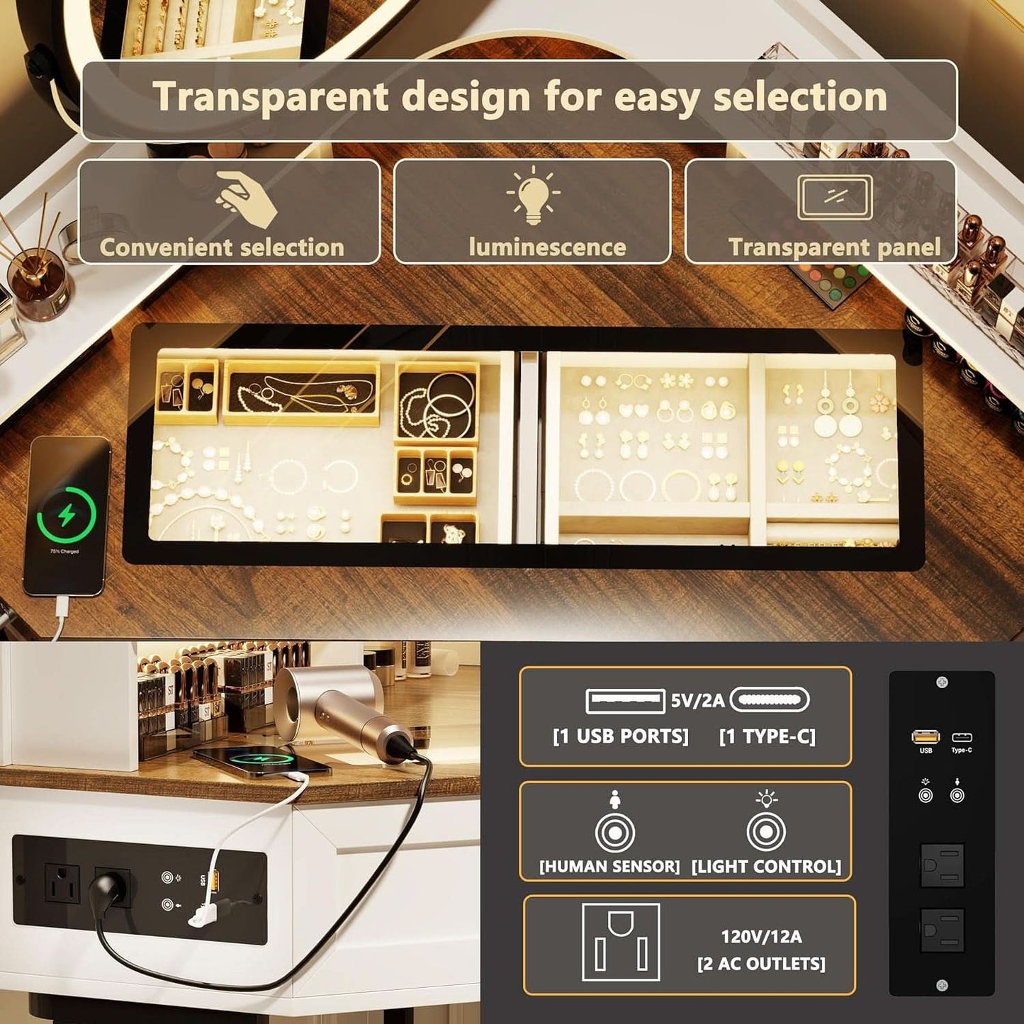 White Corner Vanity Mirror With Built In Charging Station