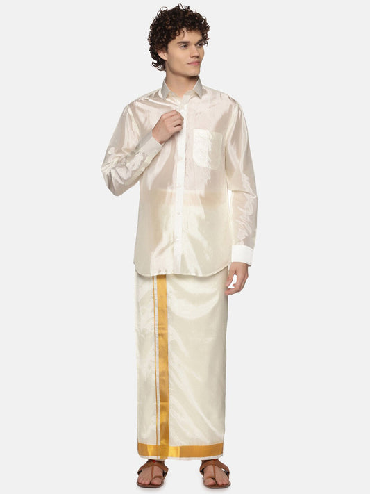 Sethukrishna Men Cream Art Silk Gold Zari Border Dhoti