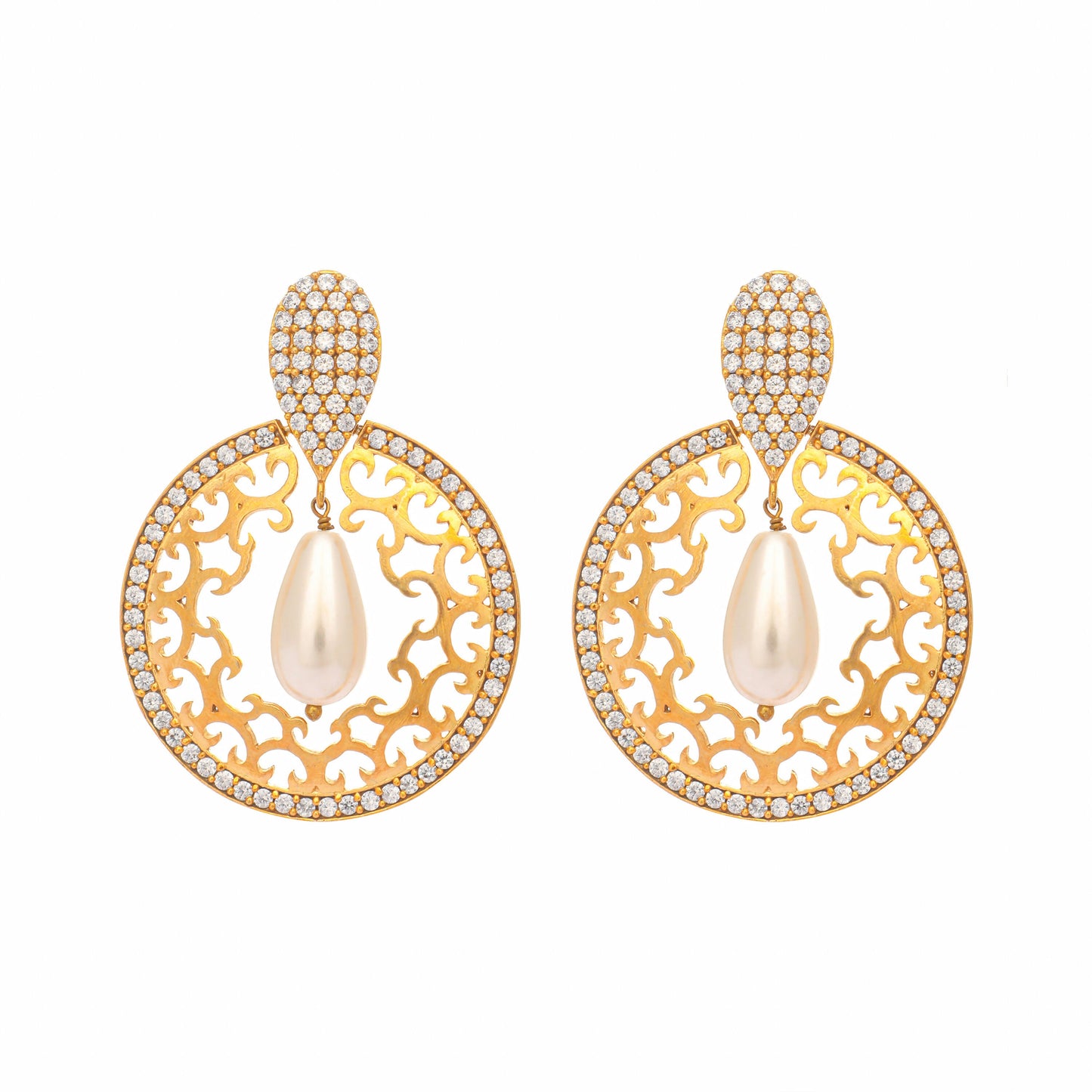 Nuyug 22K Gold Plated Cubic Zirconia Studded Contemporary Moon Shaped Pearl Drop Chandbalis