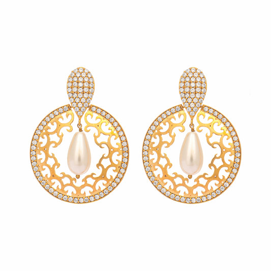 Nuyug 22K Gold Plated Cubic Zirconia Studded Contemporary Moon Shaped Pearl Drop Chandbalis
