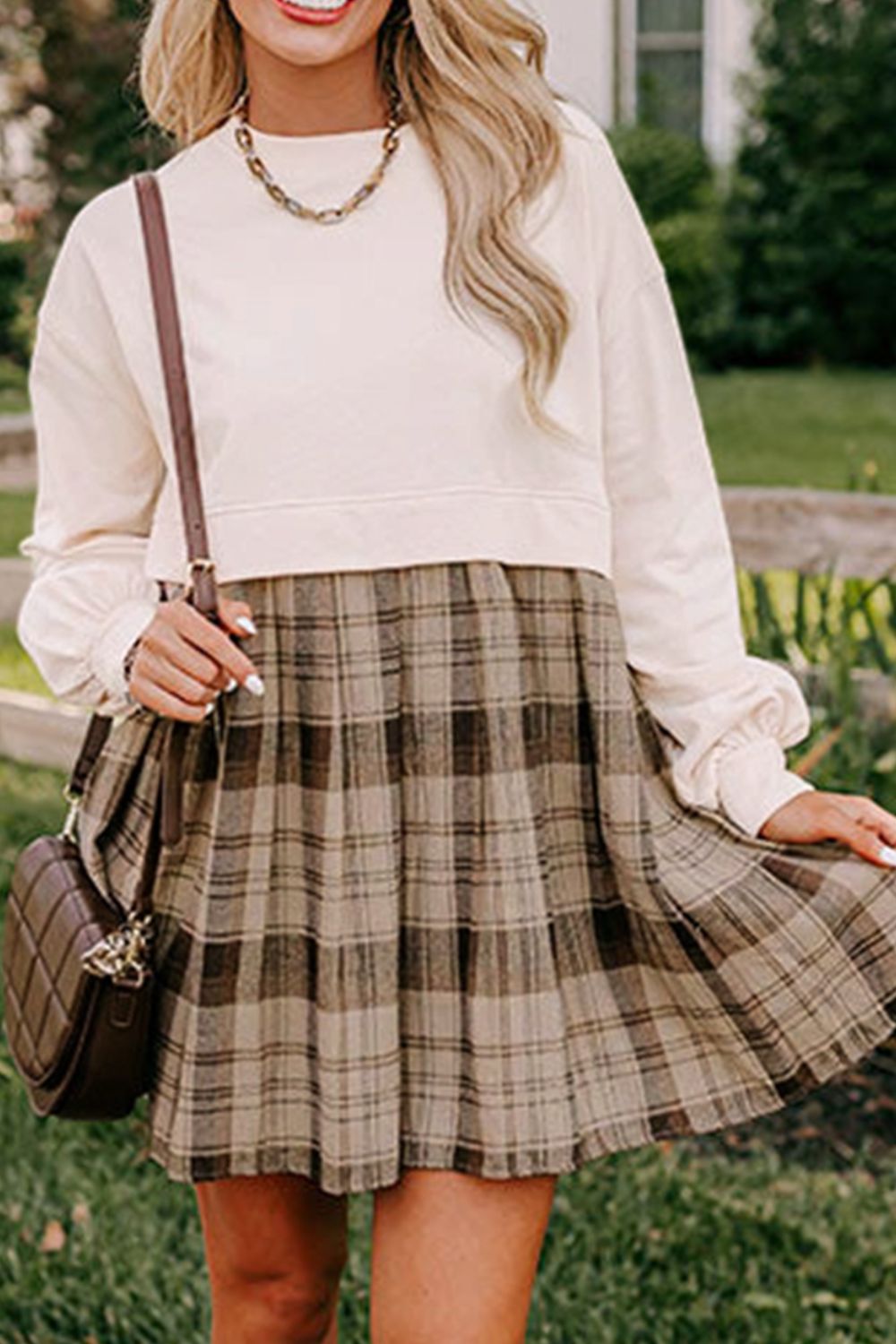Vintage Plaid Round Neck Long Sleeve Mini Dress Cozy & Stylish Dress Retro Design Dress For Party