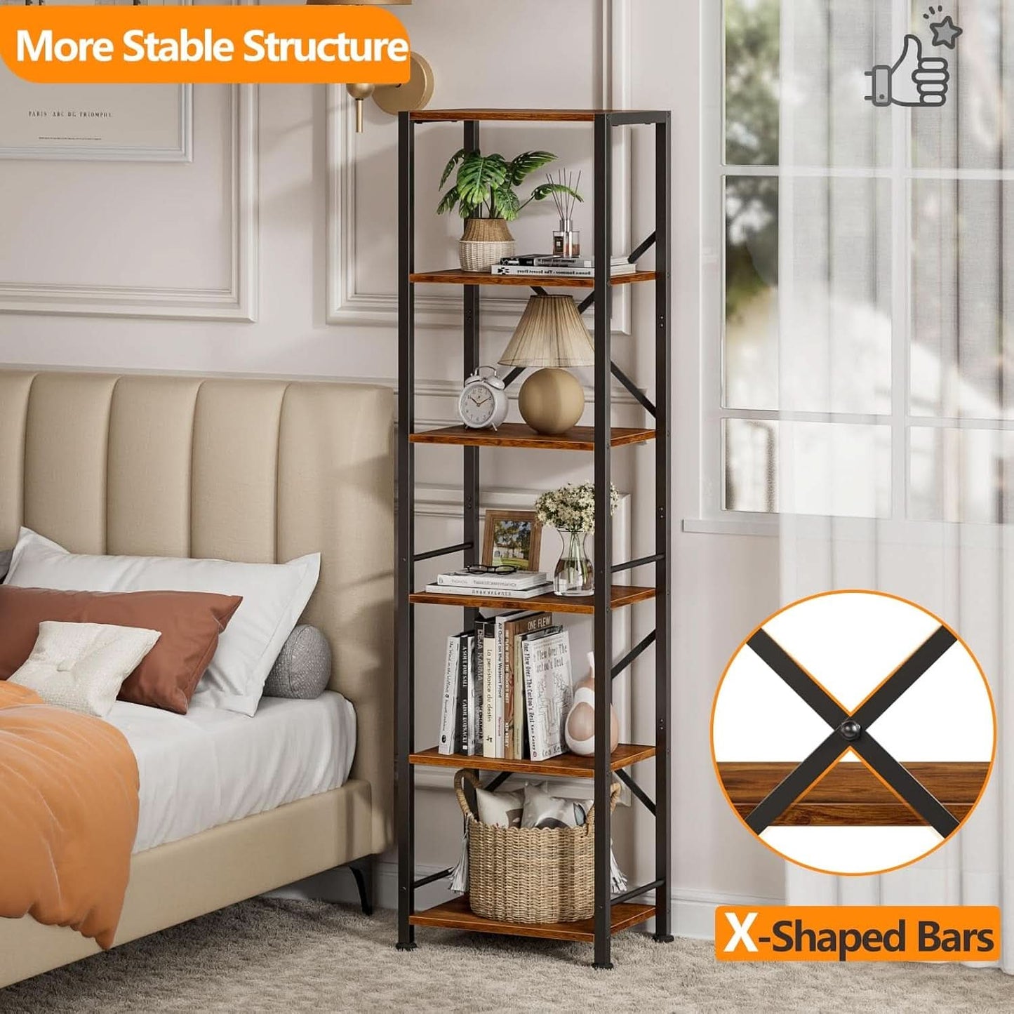 Tall Industrial Bookcase 6 Tier Rustic Brown Storage