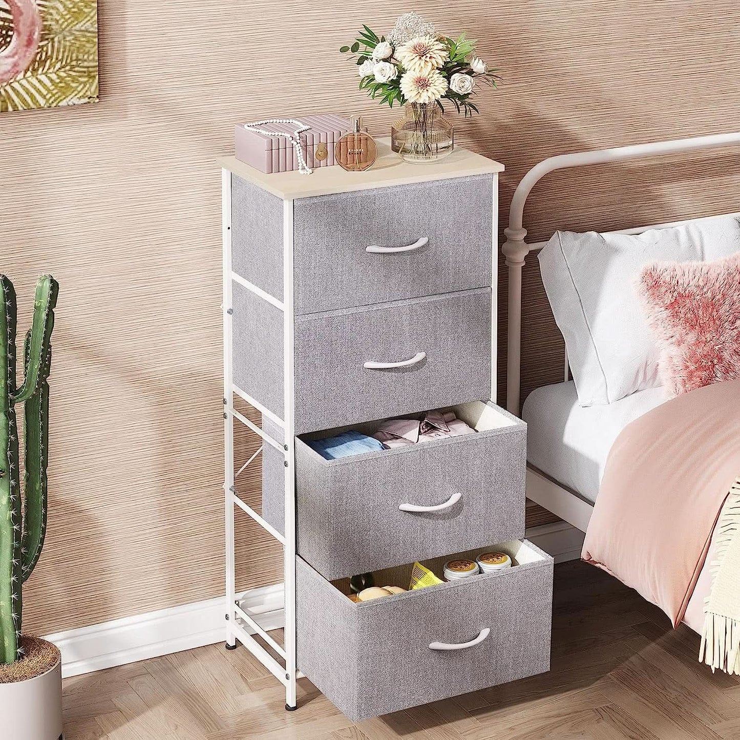 Light Grey Fabric Dresser With Four Drawers For Bedroom
