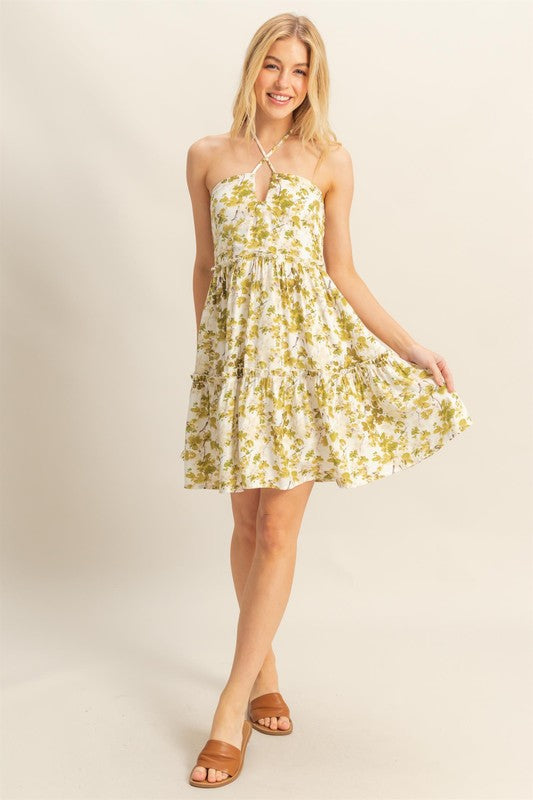 New Summer Floral Print Halter Neck Tiered Mini Dress For Women – Elegant Halter Neckline Dress with Crisscross Detailing and Playful Tiered Skirt