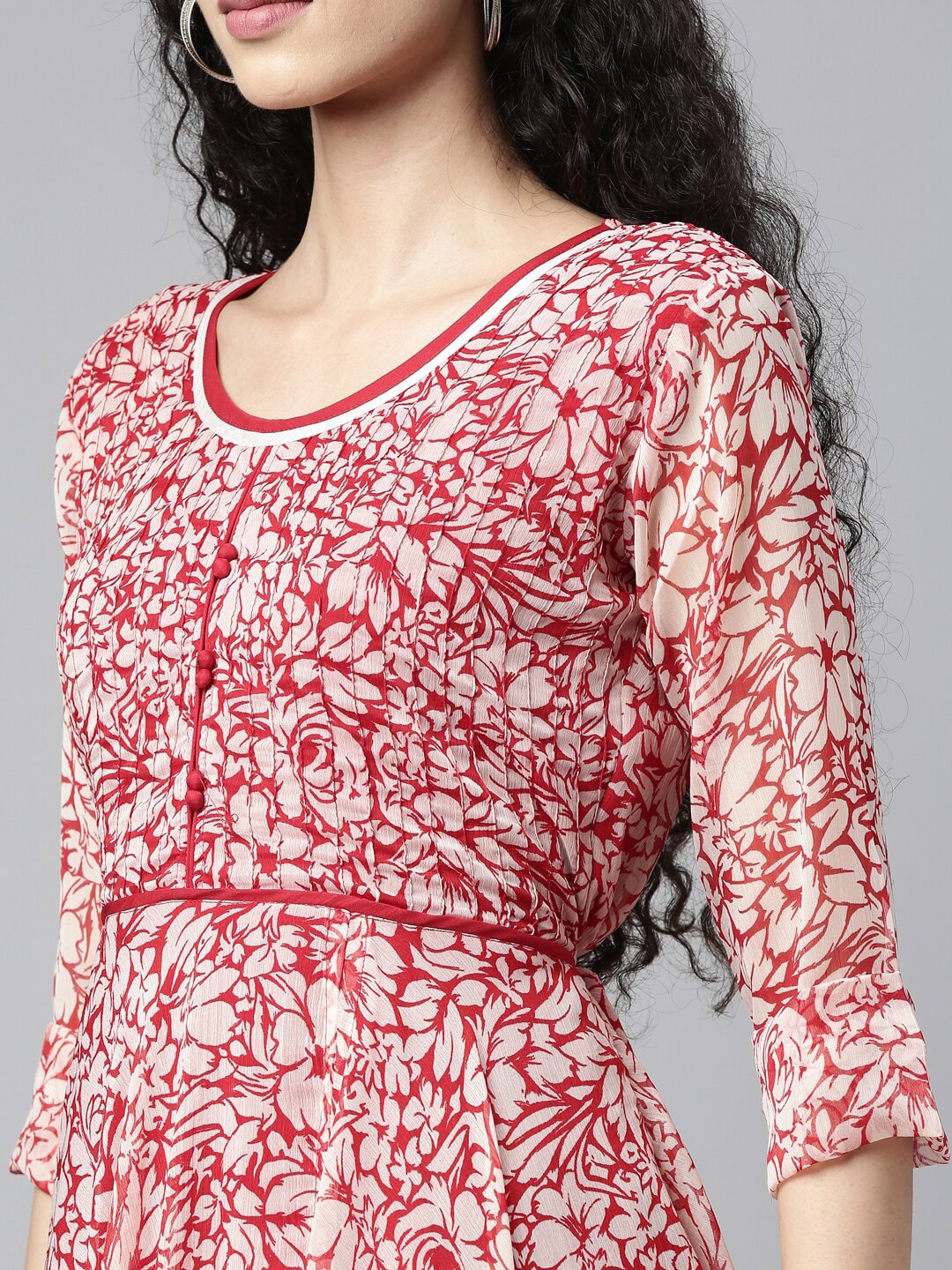 Souchii White & Red Floral Layered Chiffon Midi Dress