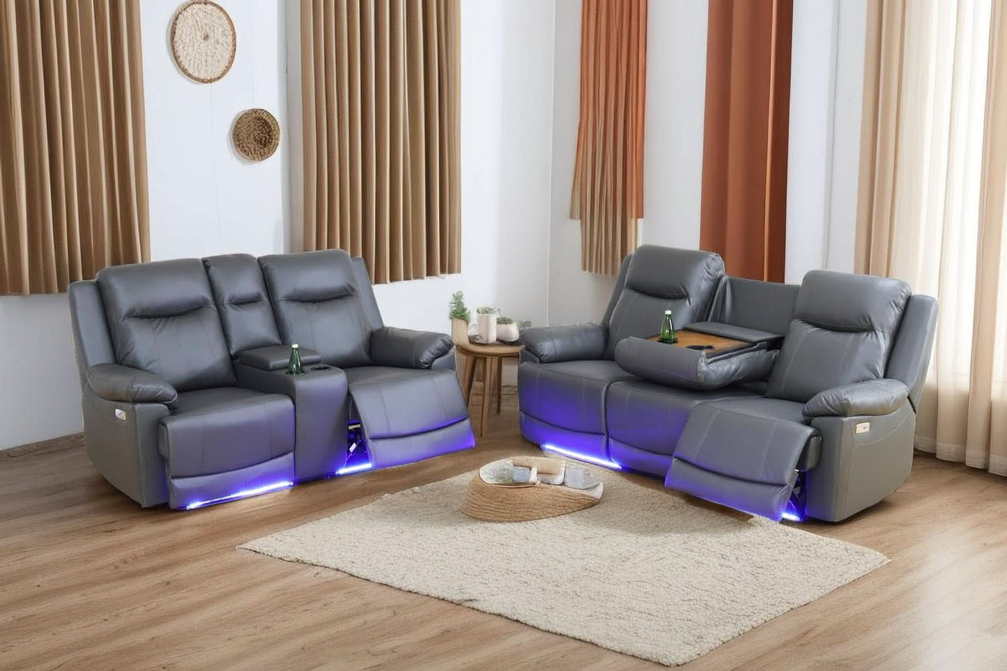 Power Leather Recliner Sofa Set Grey LED Lights Modern