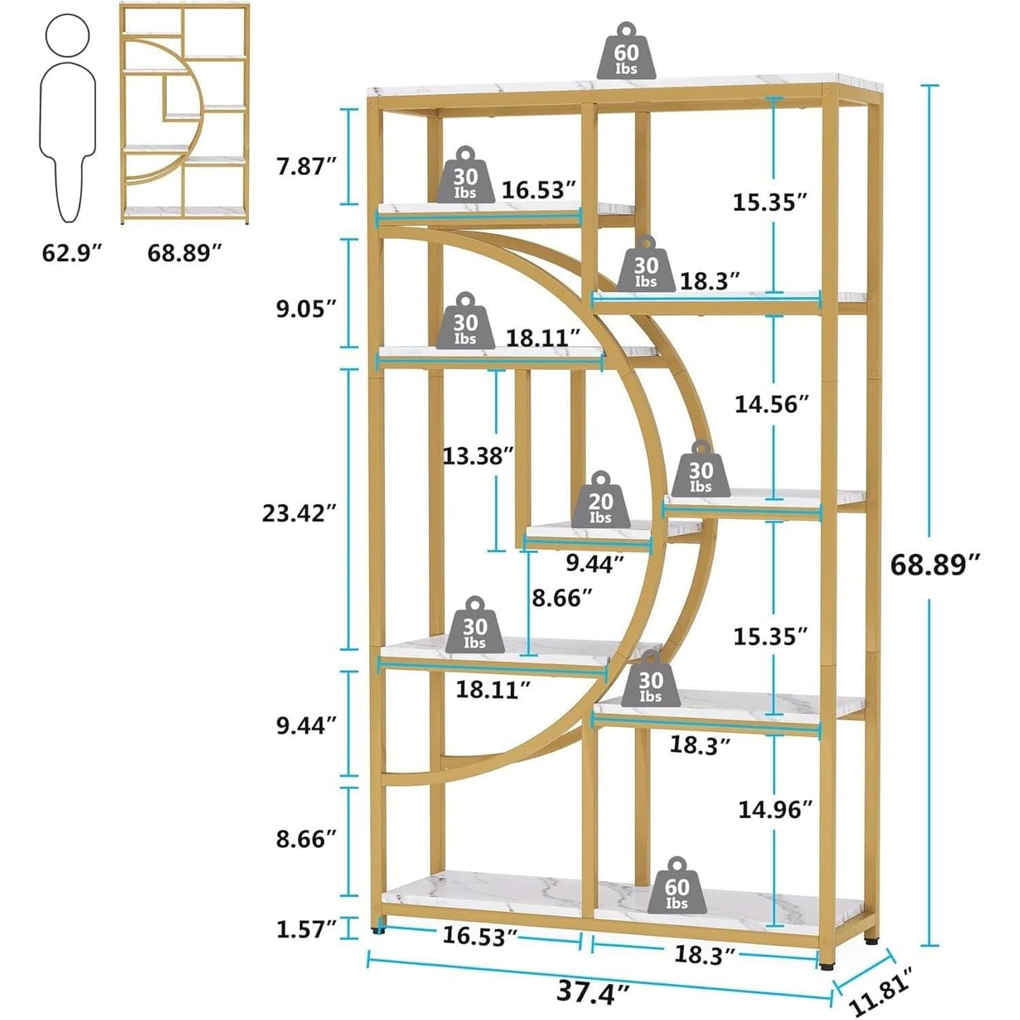 Industrial 5 Tier Etagere Bookcase Gold Frame Shelves