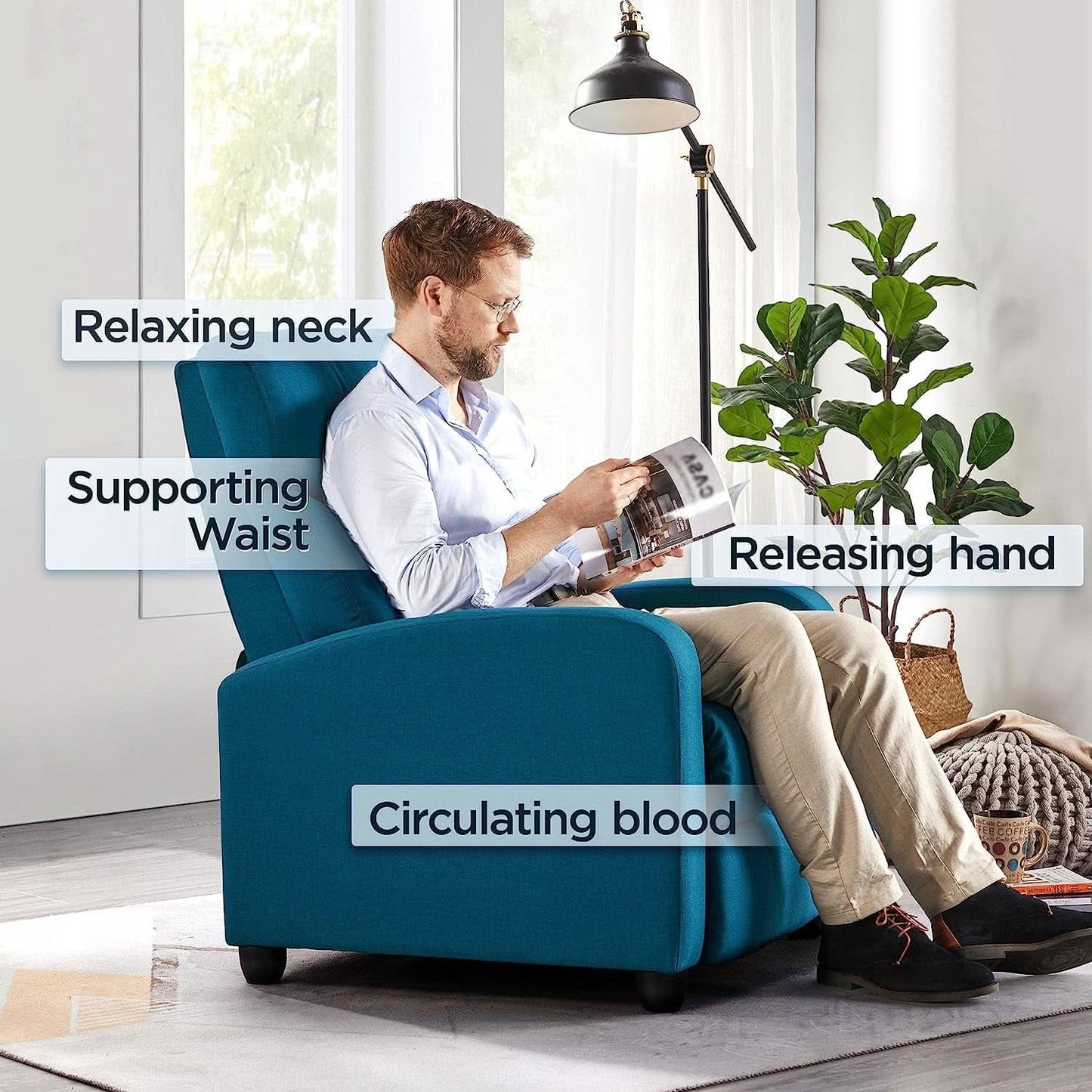 Blue Fabric Recliner Chair For Living Room Comfort