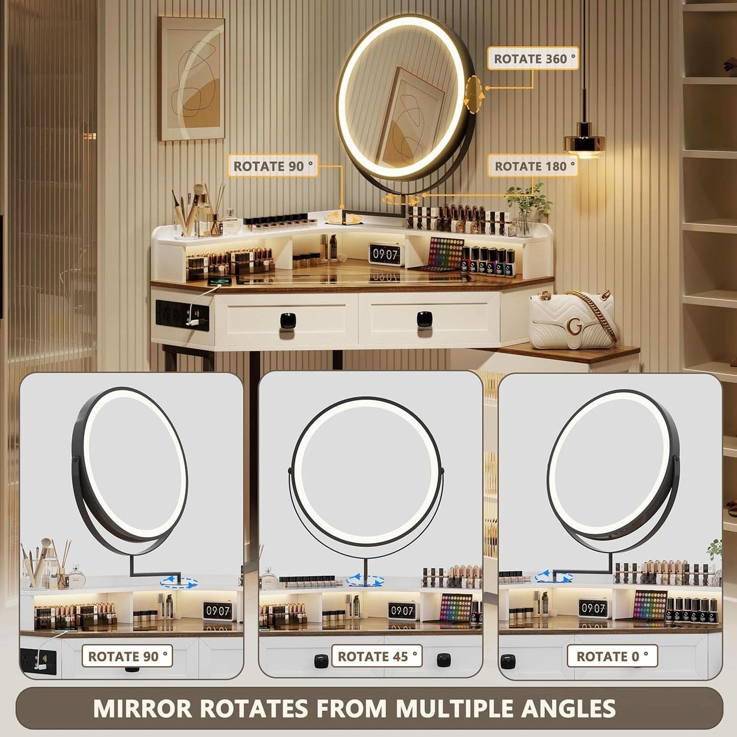 White Corner Vanity Mirror With Built In Charging Station