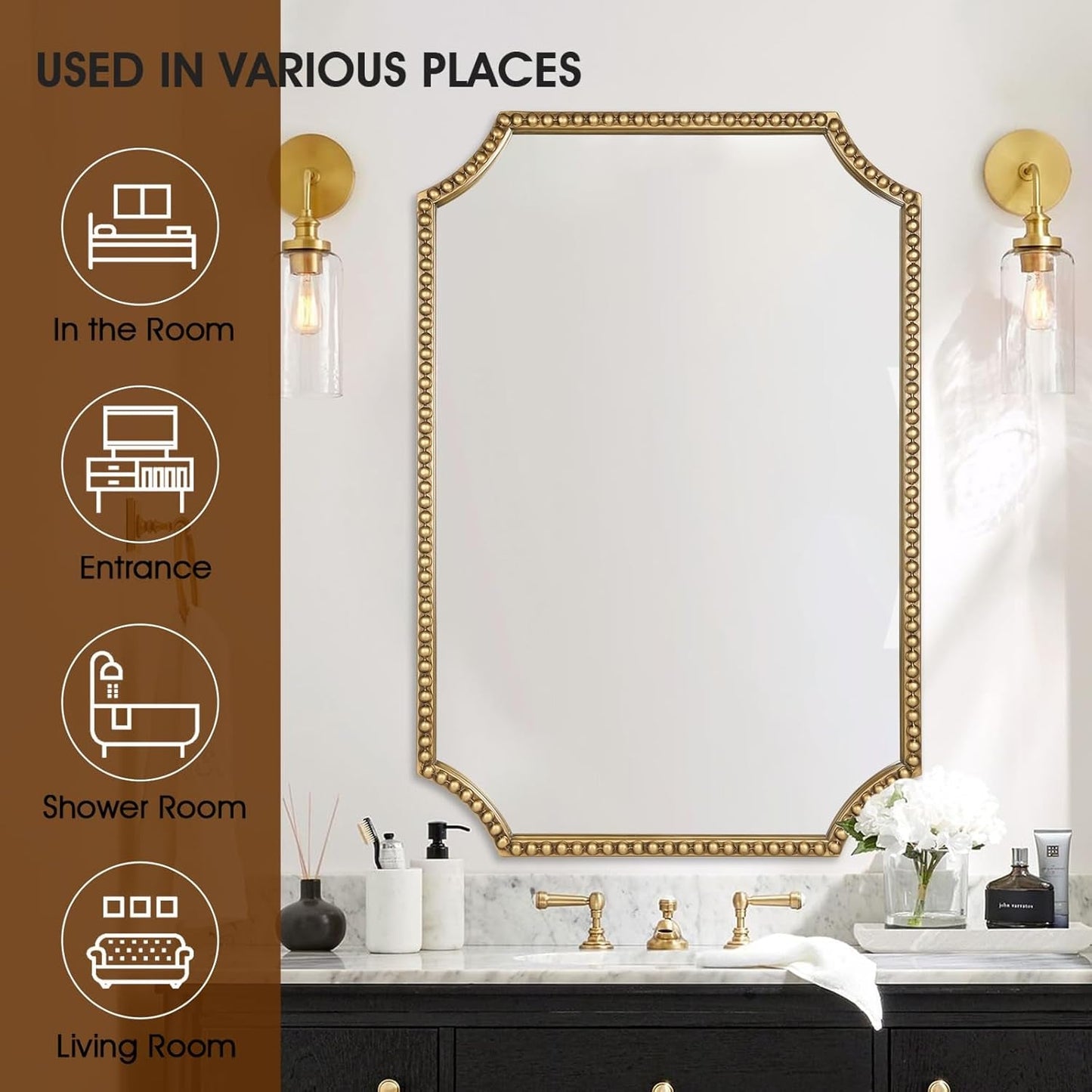 30 X 40 Inch Wall Mirror With Antique Gold Beaded Frame
