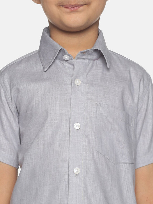 Sethukrishna Boys Grey & White Pure Cotton Shirt With Veshti Set