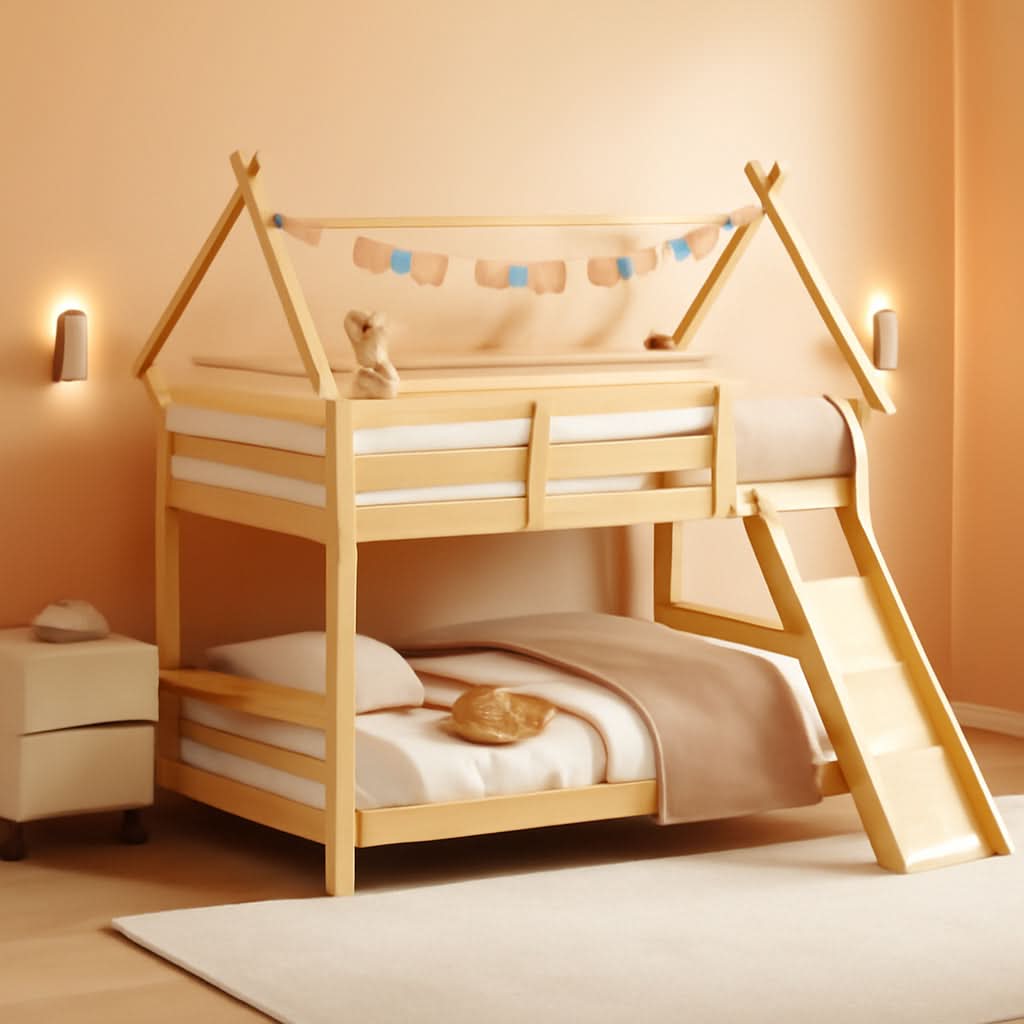 Twin Over Queen Bunk Bed With Climbing Nets Ramp Natural