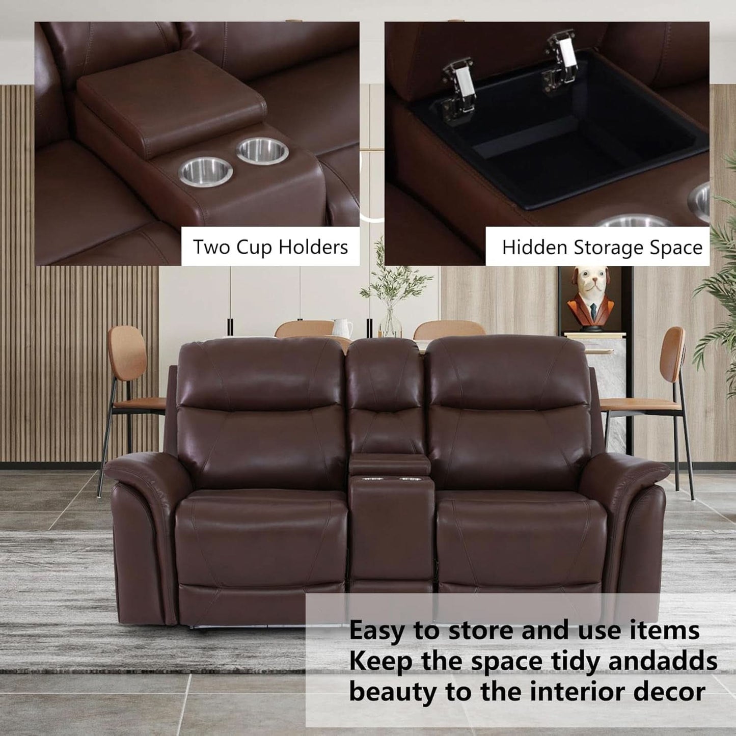 Power Recliner Sofa Set With LED Leather 3 Piece Brown Living Room