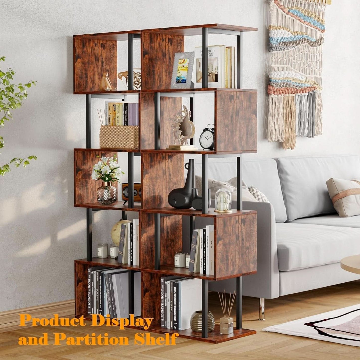 S Shaped 6 Tier Bookshelf Wood And Metal Room Divider