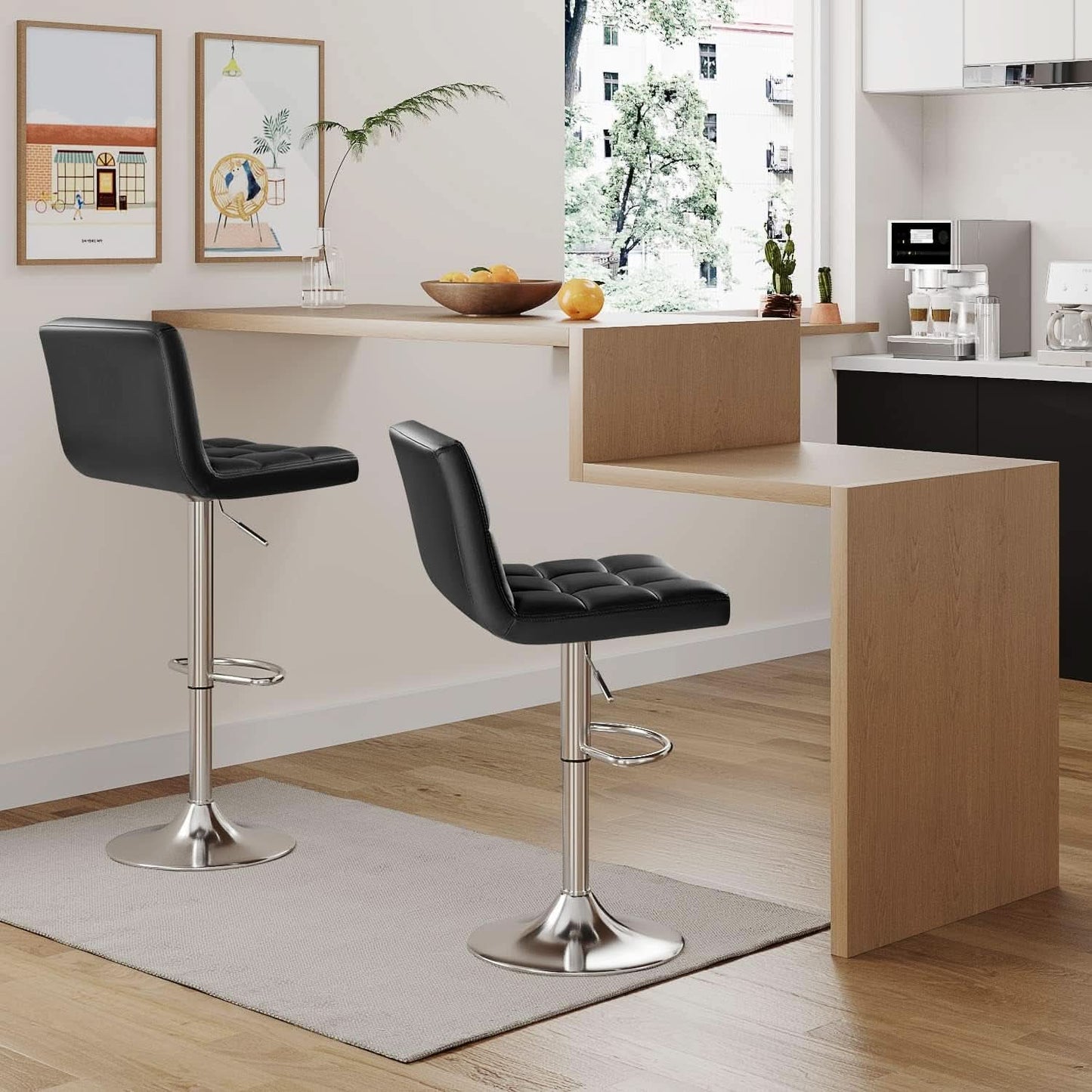 Bar Stools Set Of 2 Black PU Leather Swivel Adjustable Counter Height
