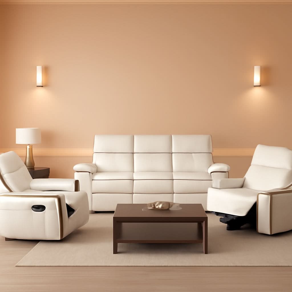 Creamy White Leather Recliner Sofa Set With Storage Console