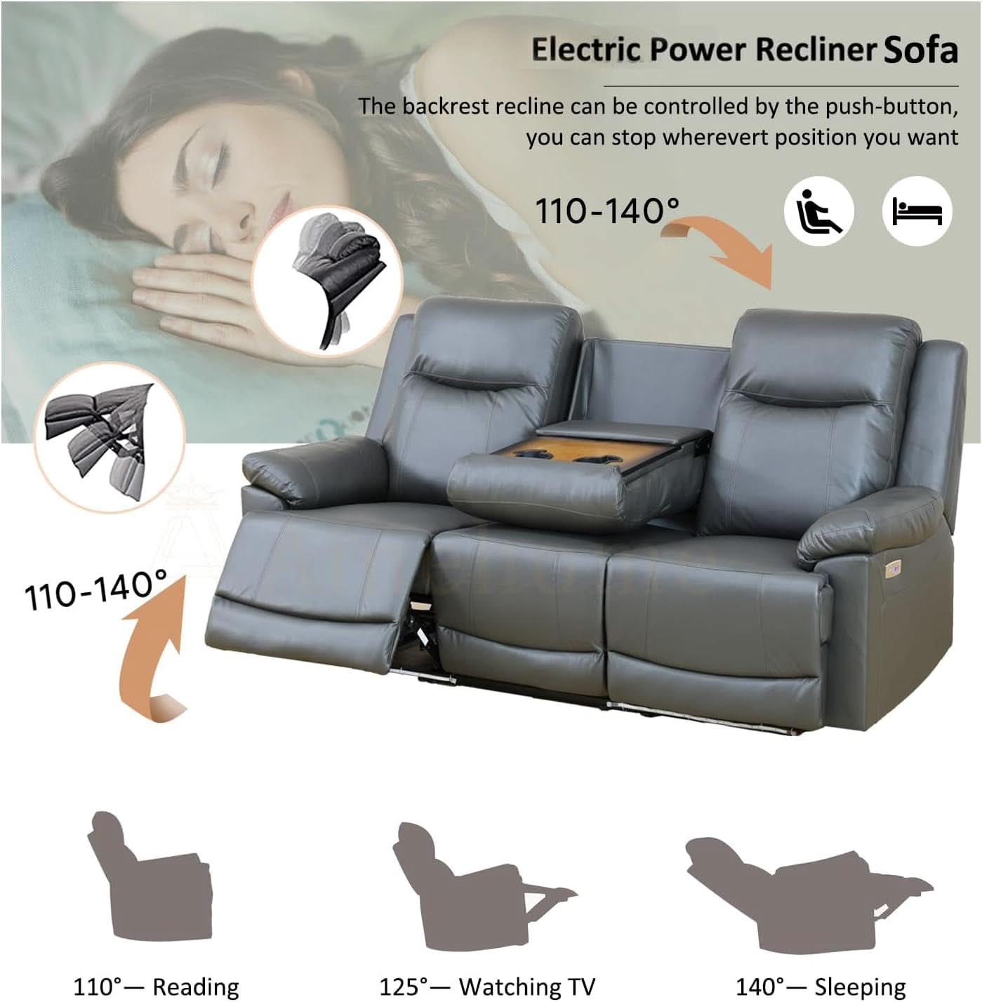 Power Leather Recliner Sofa Set Grey LED Lights Modern